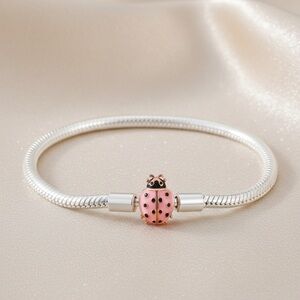 Silver Bracelet with Pink Ladybug Charm